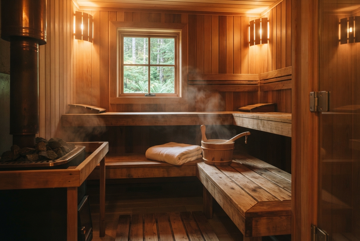 Warm wooden sauna interior with benches, steaming heater, forest-view window, folded towel, and bucket with ladle.