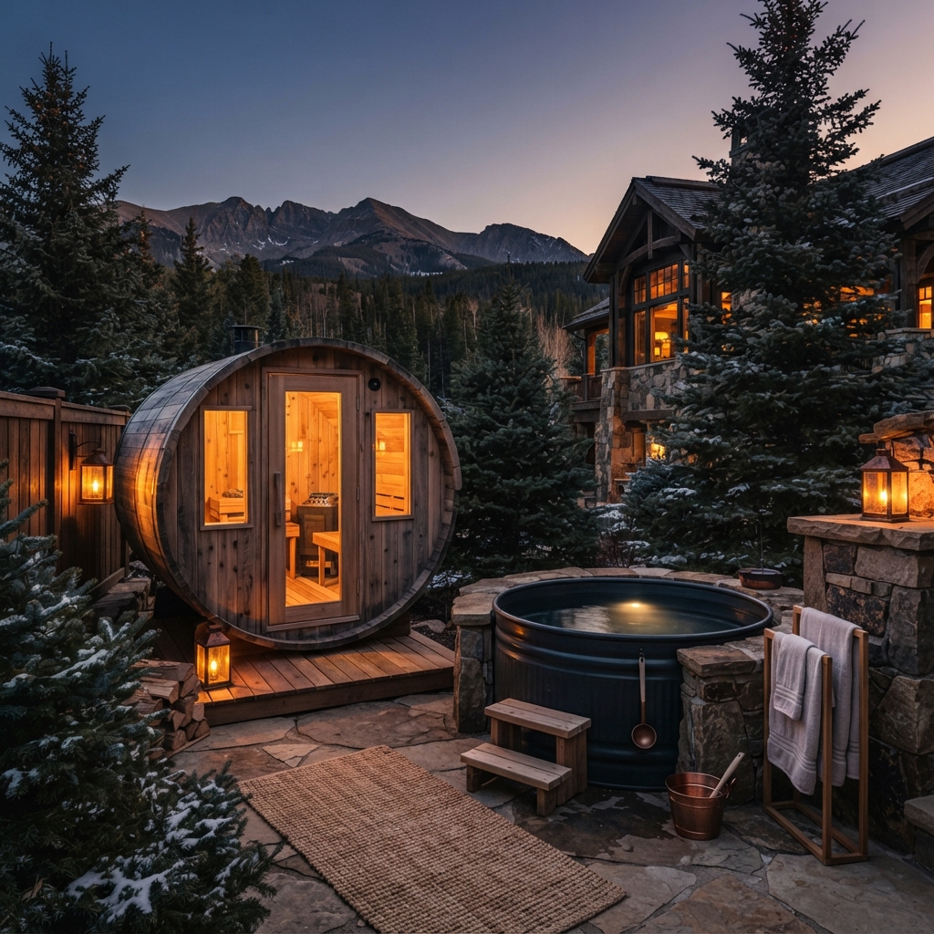 Snow-dusted mountain retreat with a glowing barrel sauna, hot tub, cabin, and lanterns at dusk.