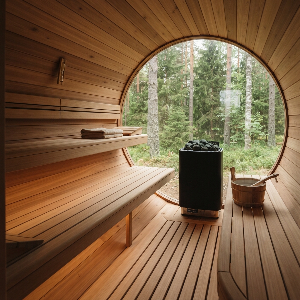 Wood-paneled sauna with tiered benches, a black stone heater, bucket, and arched forest-view window.