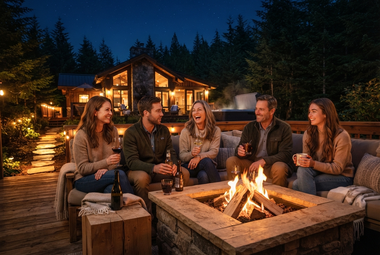 Five adults gather around a fire pit outside a warmly lit forest cabin at night.