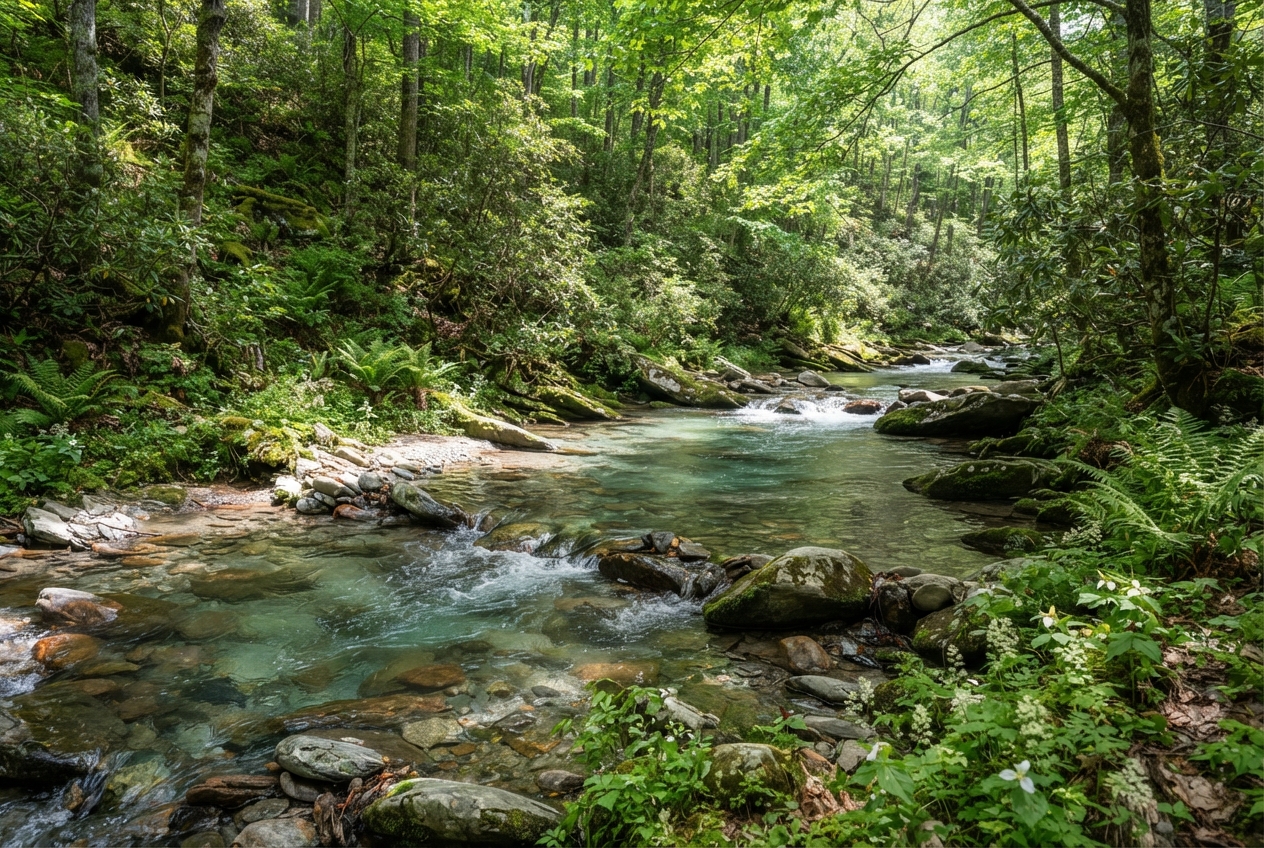 Clear blue-green stream with mossy rocks and rapids winding through a dense sunlit green forest.