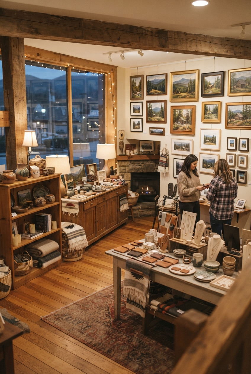 Rustic artisan shop with mountain artwork, handmade goods, a fireplace, and two women browsing.