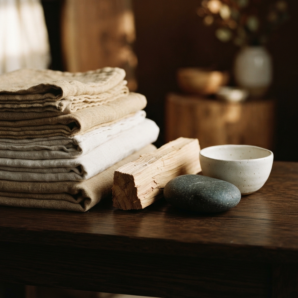 Folded beige textiles, firewood, a dark stone, and a speckled ceramic bowl arranged on a wooden table.
