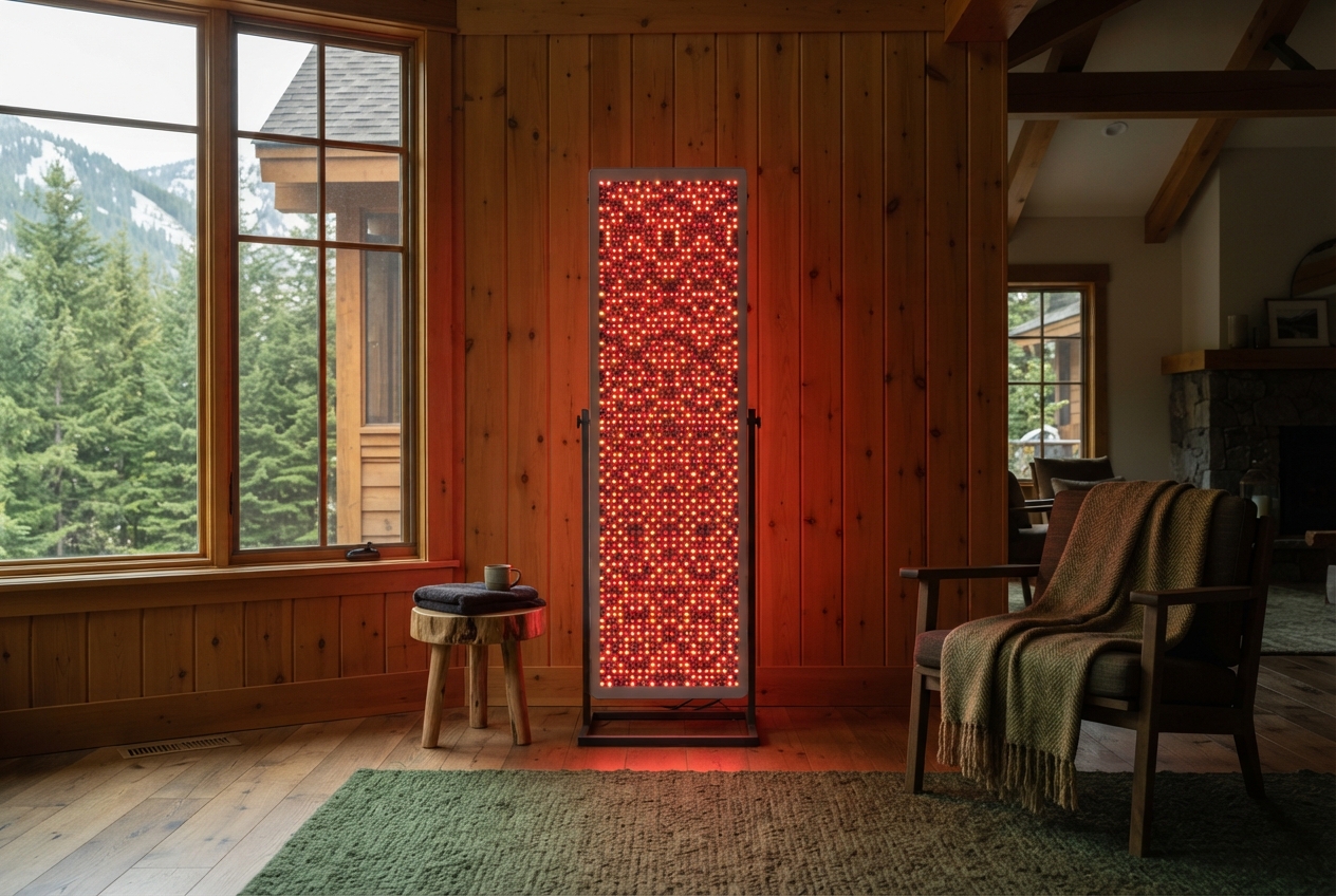 Rustic cabin room with a glowing red LED panel, mountain view, stool, mug, armchair, and green blanket.
