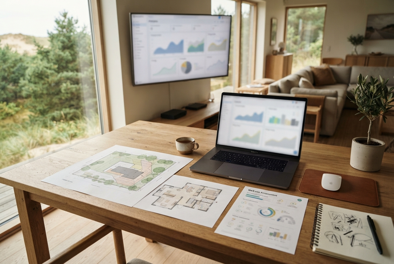 Sunlit wooden workspace with architectural plans, a laptop and monitor showing blurred charts, coffee, and a sketchbook.