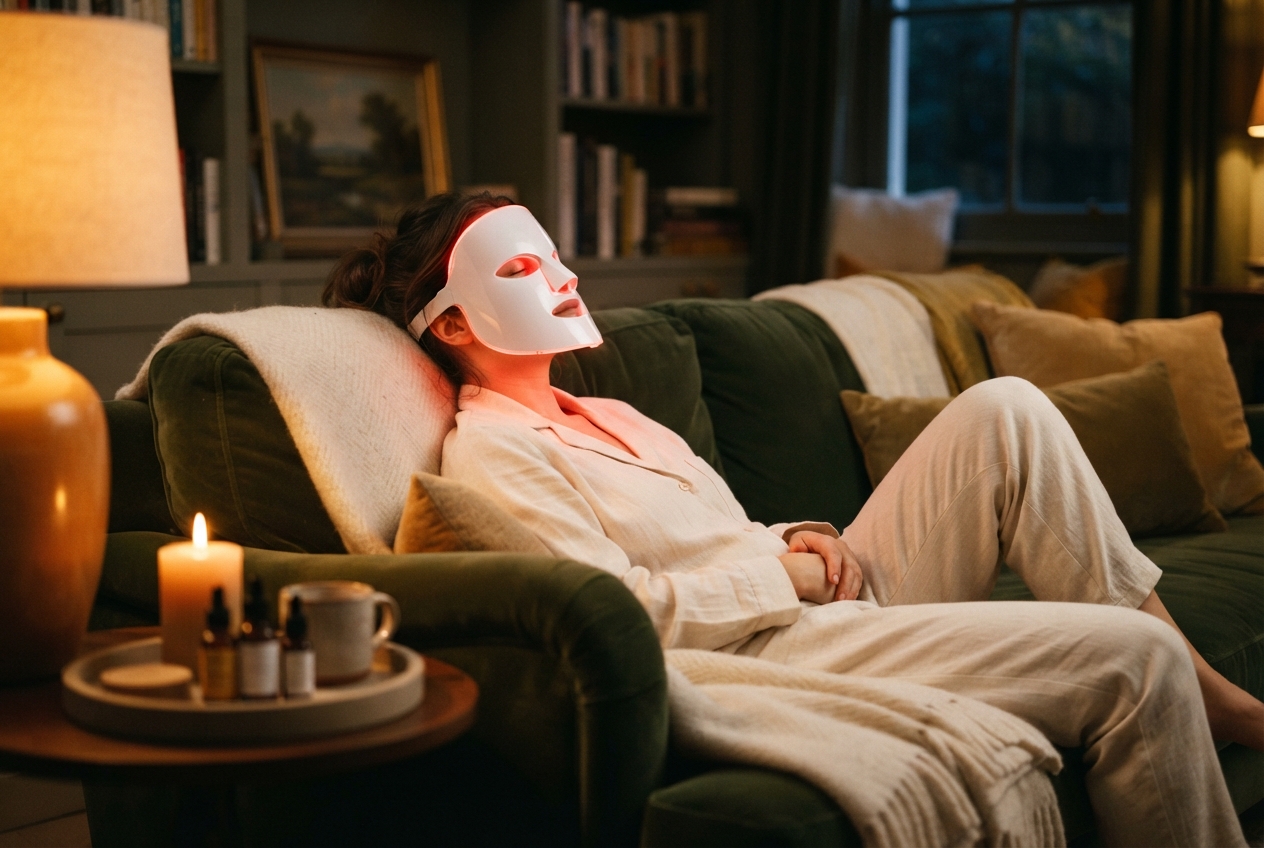 Woman wearing a white full-face mask reclines on a dark-green sofa in a warmly lit living room.