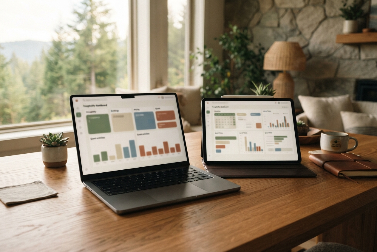 Laptop and tablet displaying blurred colorful analytics dashboards on a wooden desk in a cozy home office.