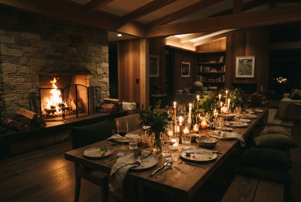 Candlelit wooden dining table beside a glowing stone fireplace in a rustic wood-paneled room.