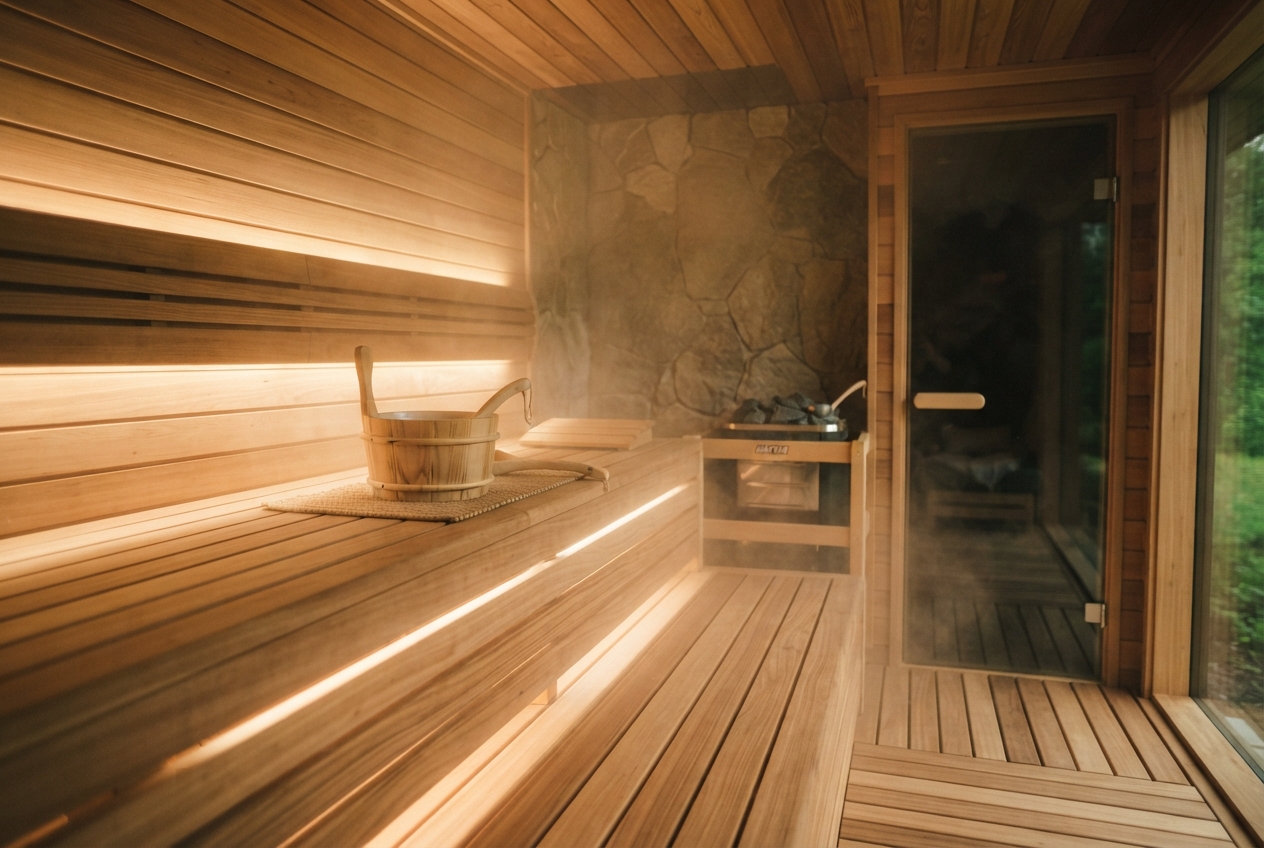 Warm wood-paneled sauna with tiered benches, a bucket and ladle, stone-backed heater, and glass door.