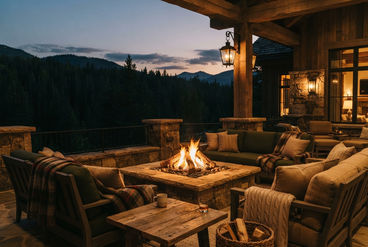 Rustic lodge patio with a glowing fire pit, seating, blankets, and mountain forest views at dusk.