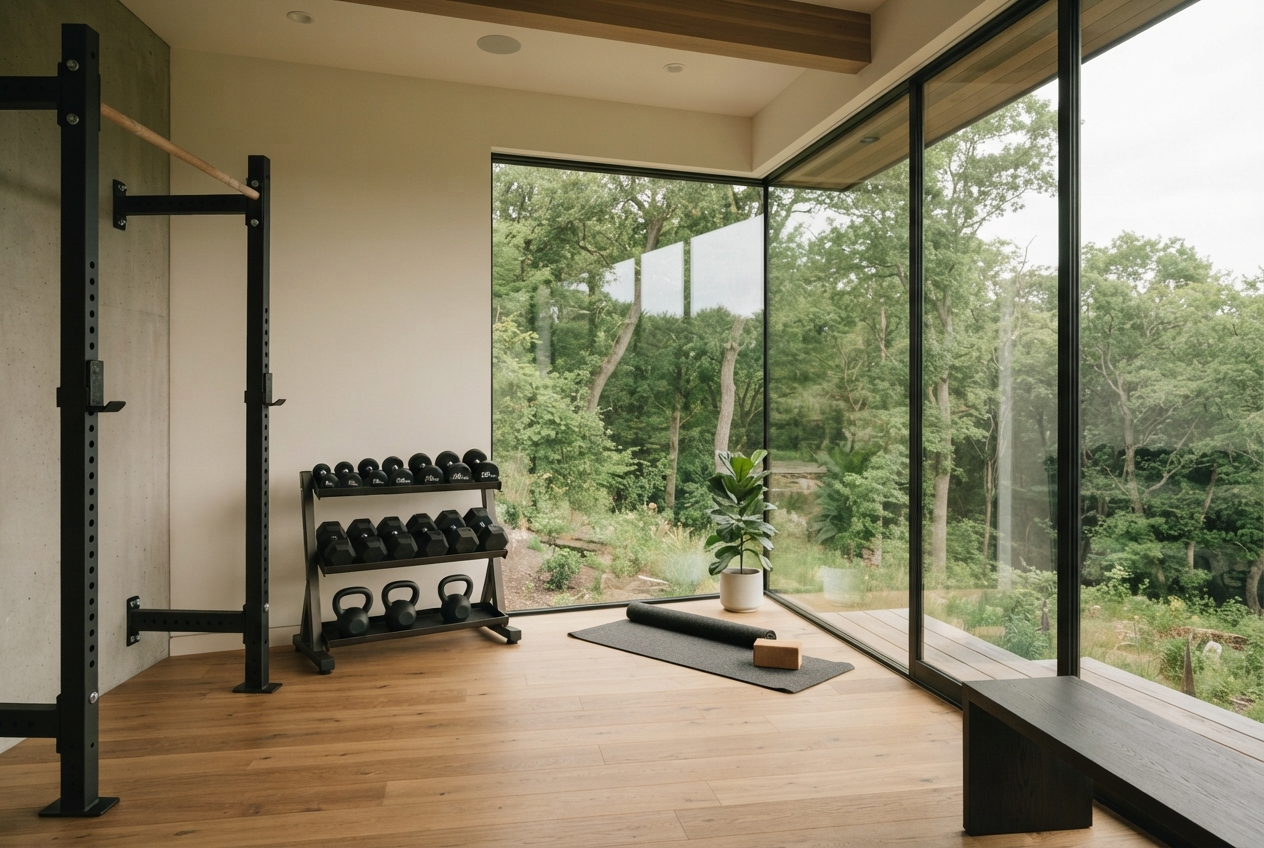 Home gym with a squat rack, weights, yoga mat, plant, and floor-to-ceiling windows overlooking a forest.