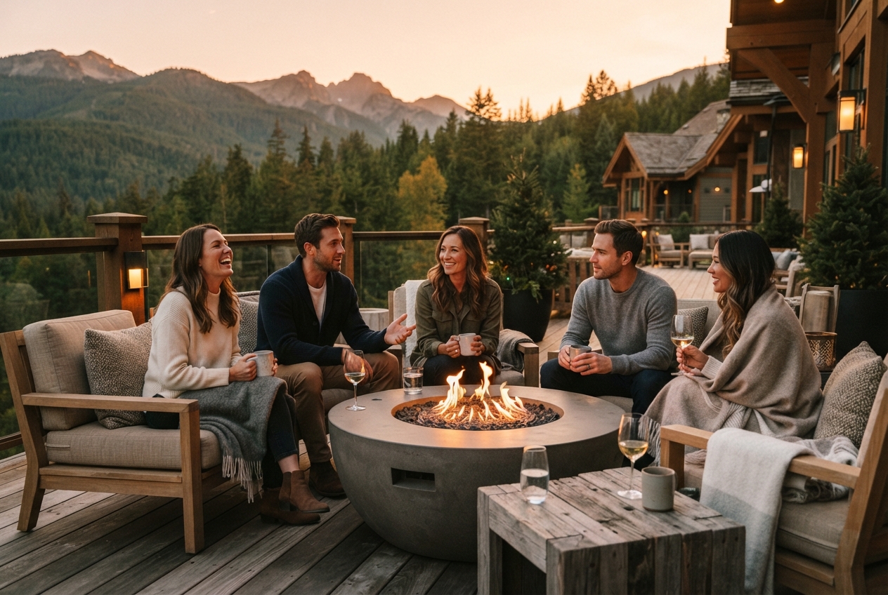 Five adults gather around a lit fire pit on a mountain lodge deck at sunset.
